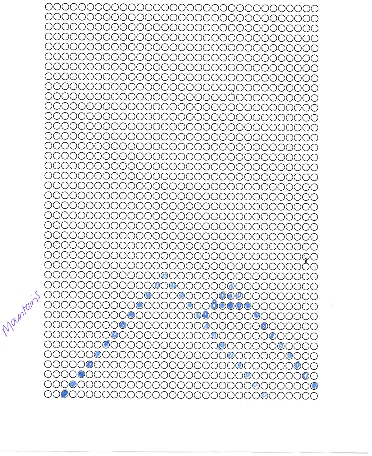 A colouring sheet from the Sky Art competition, a grid of small circles with about fifty filled in blue to draw two mountains.
